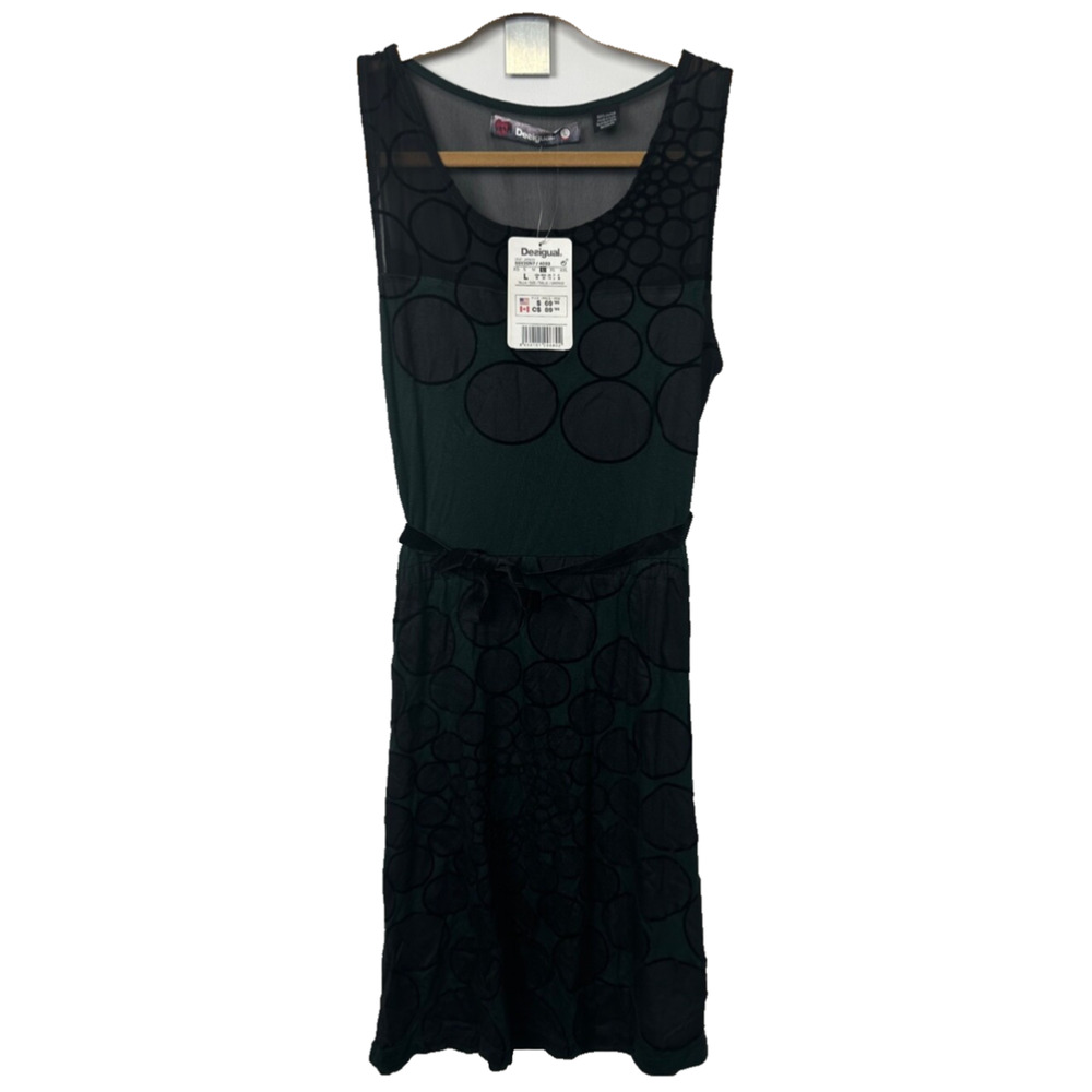 NEW desigual Sleeveless Dress With Belt Size L Green Black $69.99 Lined D6